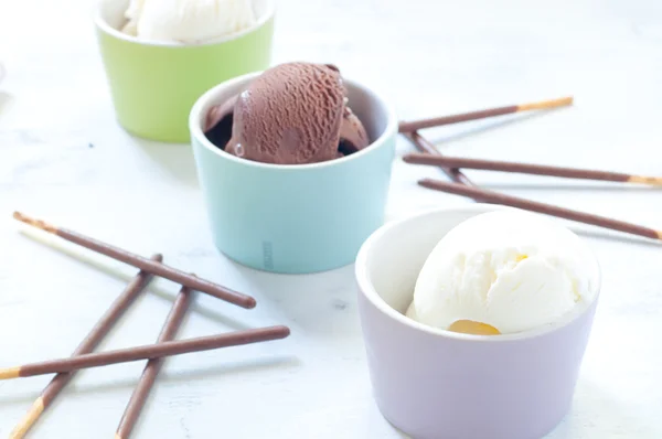 Ice cream with vanilla and chocolate with chocolate bars