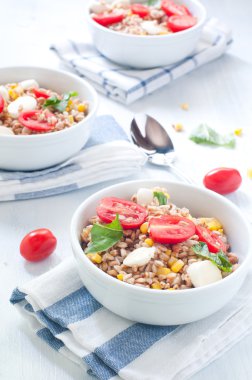 Mozzarella peyniri, domates ve ton balığı ile farro soğuk salata