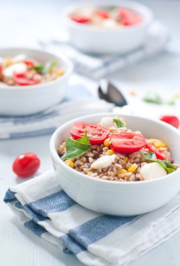 Mozzarella peyniri, domates ve ton balığı ile farro soğuk salata