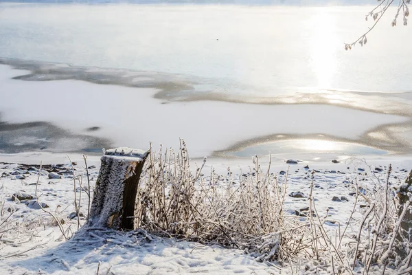 Donmuş nehir bir arka plan üzerinde güdük — Stok fotoğraf