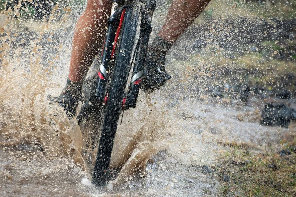 Mountainbiker rast durch Waldbach — Stockfoto