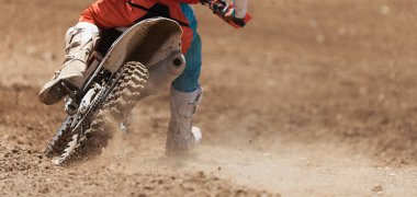 Racer child on motorcycle participates in motocross race, active extreme sport clipart
