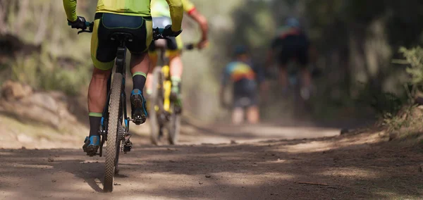 Grupa Sportowców Kolarstwo Górskie Szlaku Leśnym Wyścig Rowerów Górskich — Zdjęcie stockowe