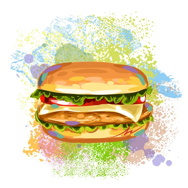 Frischer Cheeseburger auf Farbklecksen — Stockvektor