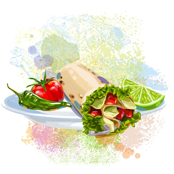 Tortilla-Wrap auf Farbklecksen — Stockvektor