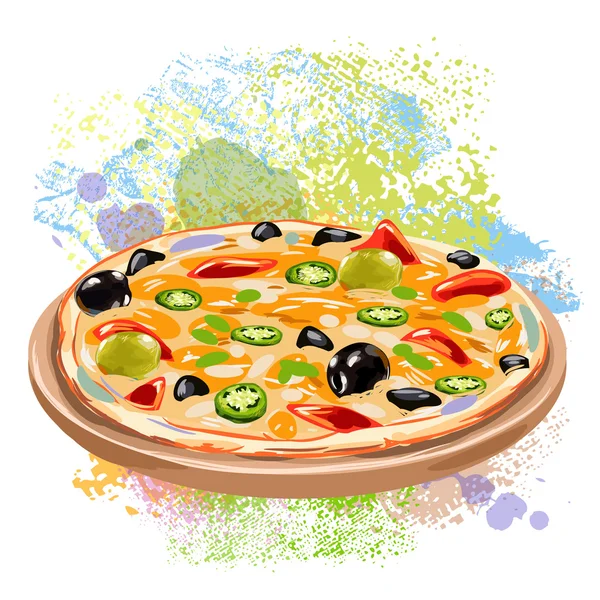 Pizza fresca sobre manchas de pintura — Archivo Imágenes Vectoriales