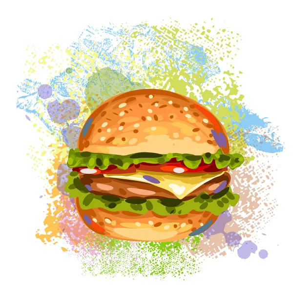 Hamburger frais sur taches de peinture — Image vectorielle