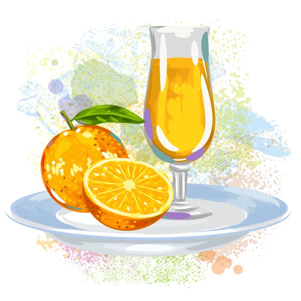 Апельсиновый сок на пятнах краски — стоковый вектор
