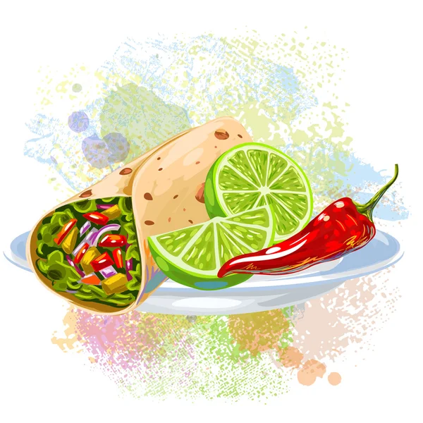 Tortilla-Rolle auf Farbklecksen — Stockvektor