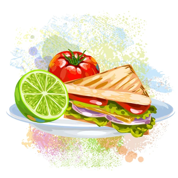 Sandwich de verduras en manchas de pintura — Archivo Imágenes Vectoriales