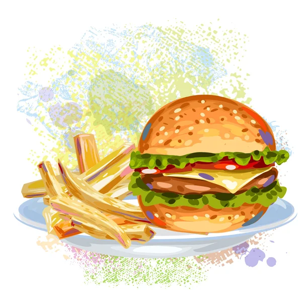 Burger et frites sur tache de peinture — Image vectorielle