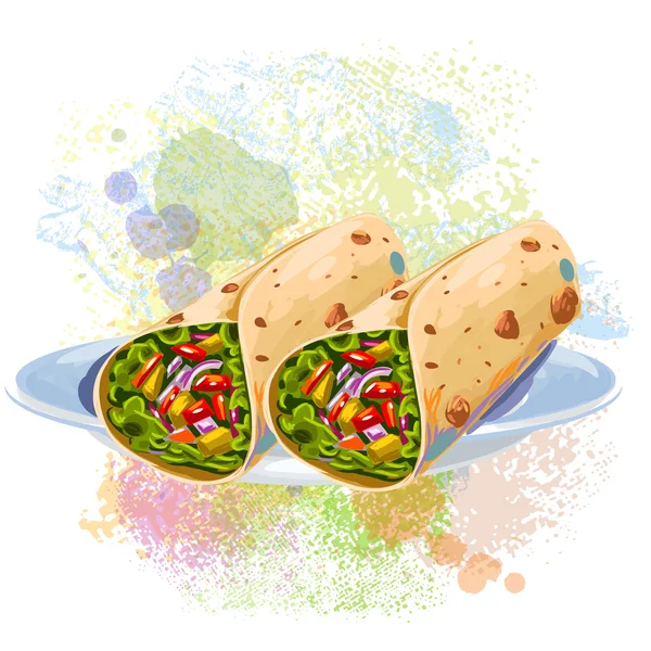 Tortilla Rollos en manchas de pintura — Vector de stock