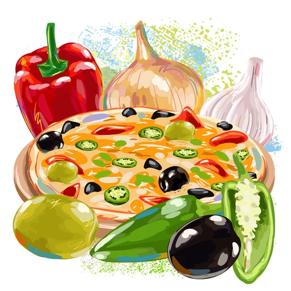 Pizza with Vegetables on paint blots — Stock Vector