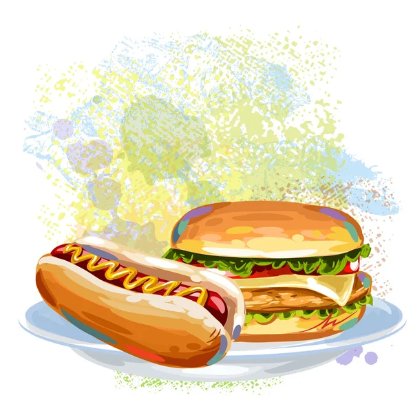 Hot dog y hamburguesa con queso en manchas de pintura — Vector de stock