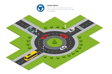 Roundabout, cars, roundabout sign and roundabout road. Asphalted Road Circle. Vector isometric illustration for infographics. City traffic. clipart