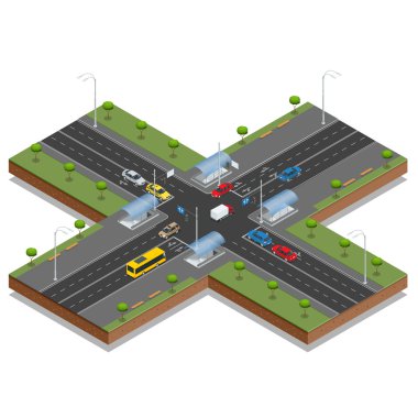 Crossroads and road markings isometric vector illustration. Transport car, urban and asphalt, traffic. Crossing Roads Road Intersection with pedestrian subway.