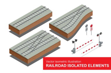 Demiryolu yük taşımacılığı için demiryolu izole elemanları. Demiryolu sinyali vektör düz 3d izometrik illüstrasyon, demiryolu bölümleri, trafik işareti durdurmak. Demiryolu yük taşımacılığı.