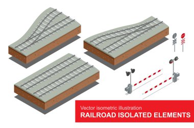 Demiryolu yük taşımacılığı için demiryolu izole elemanları. Demiryolu sinyali vektör düz 3d izometrik illüstrasyon, demiryolu bölümleri, trafik işareti durdurmak. Demiryolu yük taşımacılığı.