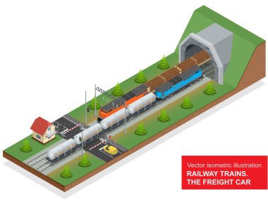 Vector isometric illustration of a railway junction. Railway junction consist of Rail covered wagon, Diesel Locomotive, railway tunnel, Railway crossing, and Railway tank for fuel. clipart