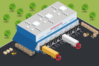 Warehouse equipment. Shipping and delivery flat elements. Workers boxes forklifts and cargo transport. Transport system delivery process. Vector isometric illustration.