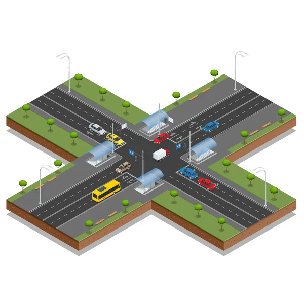 Crossroads e marcações rodoviárias ilustração vetorial isométrica. Transporte automóvel, urbano e asfalto, tráfego. Cruzando Estradas Estrada Intersecção com metrô pedestre . —  Vetores de Stock
