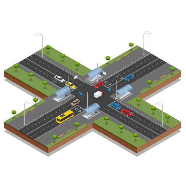 Crossroads and road markings isometric vector illustration. Coche de transporte, urbano y asfalto, tráfico. Cruce de carreteras Intersección de carreteras con el metro peatonal . — Vector de stock