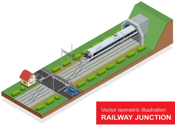 Illustrazione isometrica vettoriale di un raccordo ferroviario. Lo svincolo ferroviario è costituito da moderni treni ad alta velocità, tunnel ferroviario, attraversamento ferroviario e elementi isolati della ferrovia per il trasporto ferroviario di merci — Vettoriale Stock