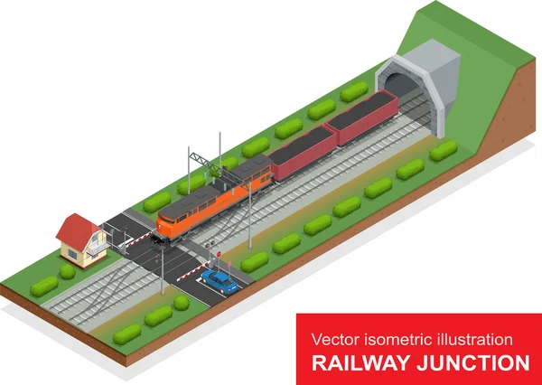 Vektorová izometrická ilustrace železničního spojení. Železniční křižovatka sestává z moderního vysokorychlostního železničního tunelu, železničního přejezdu a železničních izolovaných prvků pro železniční nákladní dopravu. — Stockový vektor