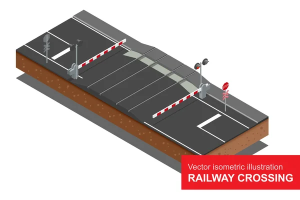 Vektorisometrische Darstellung des Bahnübergangs. Bahnübergang mit geschlossenen Schranken und blinkenden Lichtern. — Stockvektor