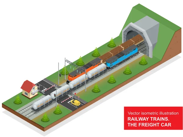 Illustration isométrique vectorielle d'une jonction ferroviaire. La jonction ferroviaire comprend un wagon couvert, une locomotive diesel, un tunnel ferroviaire, un passage à niveau et un réservoir de carburant. . — Image vectorielle