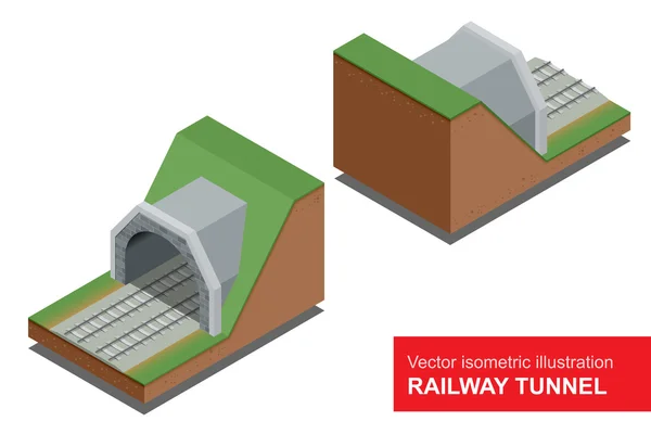 Vector isometric illustration of  railway tunnel. A railway level crossing, with barriers closed and lights flashing. — 스톡 벡터