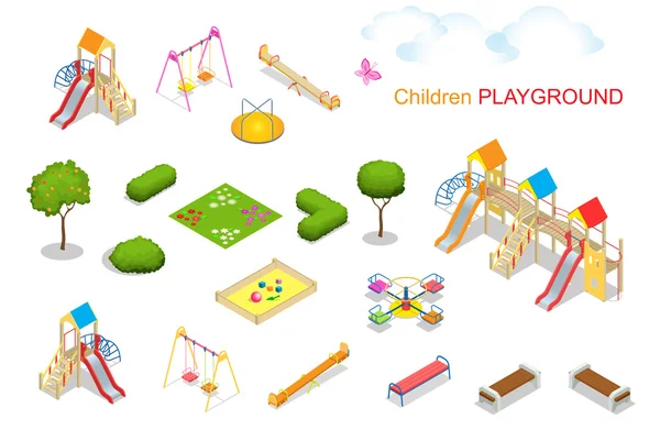 Parco giochi bambini. Illustrazione vettoriale isometrica 3d piatta per infografica. Swing carosello sabbiera scivolo rocker corda scaletta panca . — Vettoriale Stock