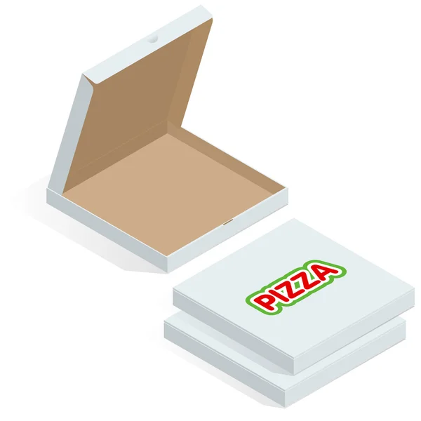 Valósághű 3D-s izometrikus pizza kartondobozban. Nyitott, zárt, oldalsó és felső Nézd. Lapos stílusú vektoros illusztráció elszigetelt fehér background. — Stock Vector