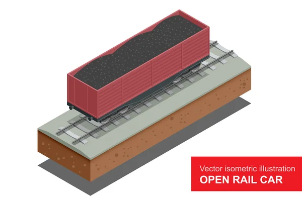 Open rail car for transportation of bulk cargoes. Rail covered wagon. Vector isometric illustration of  rail covered wagon. Rail freight transportation.