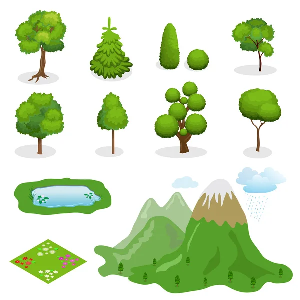 Plano 3d Árboles vectoriales isométricos elementos para el diseño del paisaje. Diversidad de árboles, montañas, lago, arbustos, prados con flores en blanco — Vector de stock