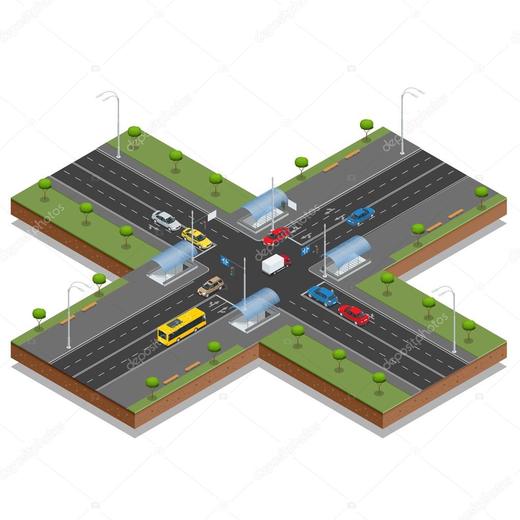 Crossroads and road markings isometric vector illustration. Transport car, urban and asphalt, traffic. Crossing Roads Road Intersection with pedestrian subway.