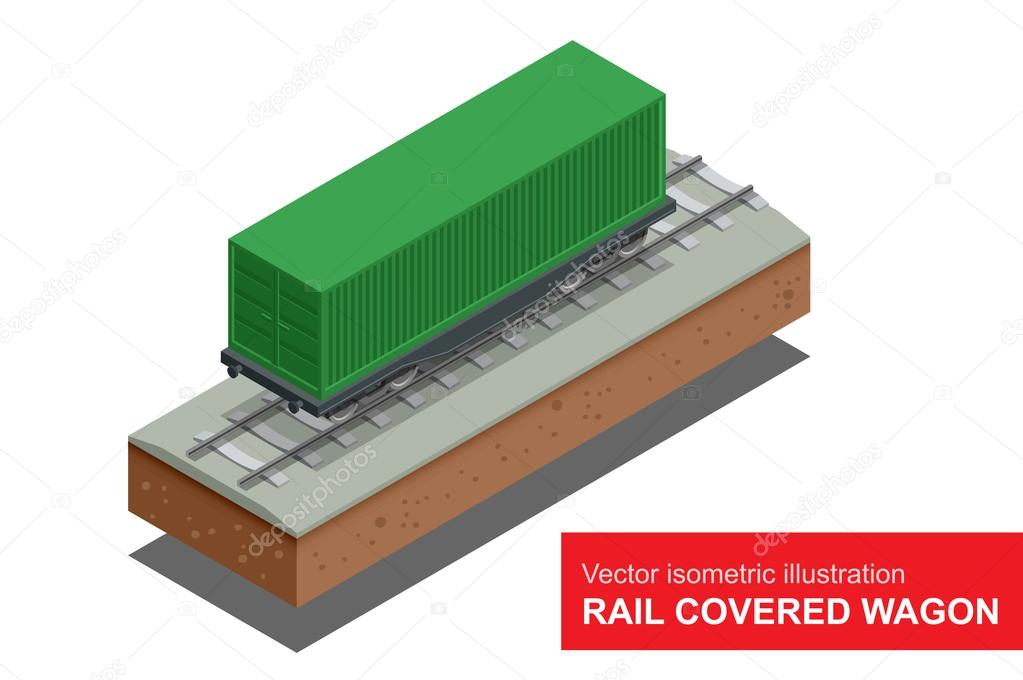 Rail covered wagon. Vector isometric illustration of  rail covered wagon. Rail freight transportation.