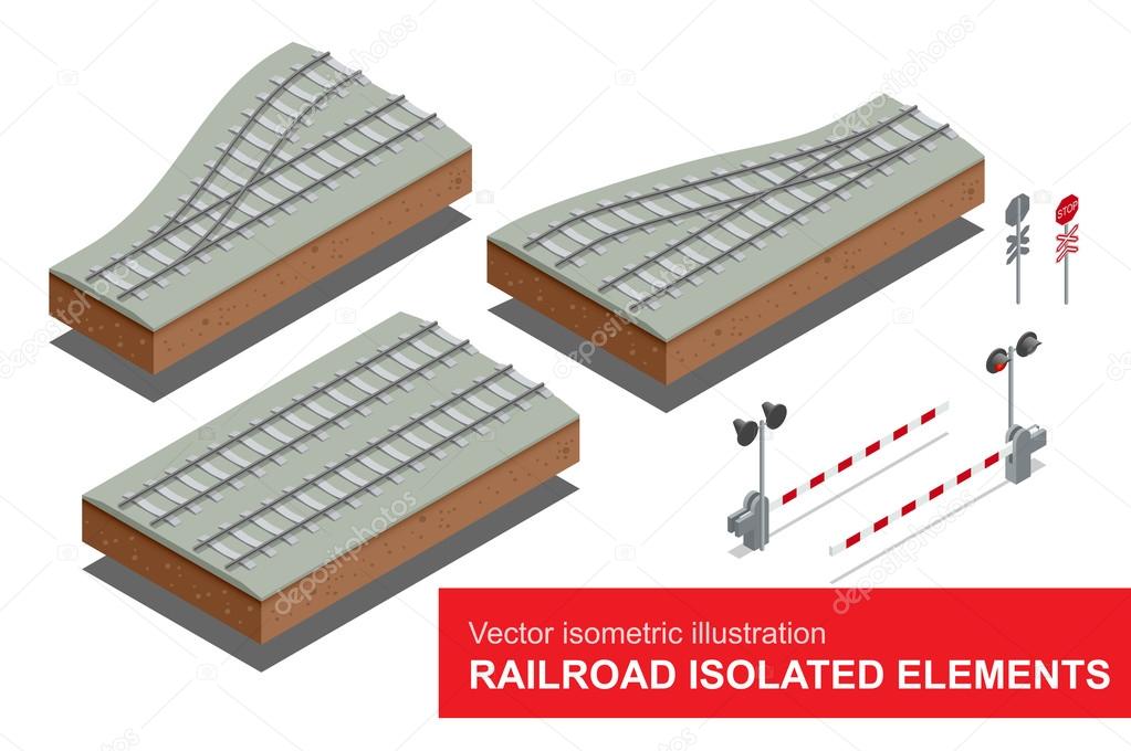 Railroad isolated elements for rail freight transportation. Vector flat 3d isometric illustration of  railroad signal, rail sections, traffic sign stop. Rail freight transportation.