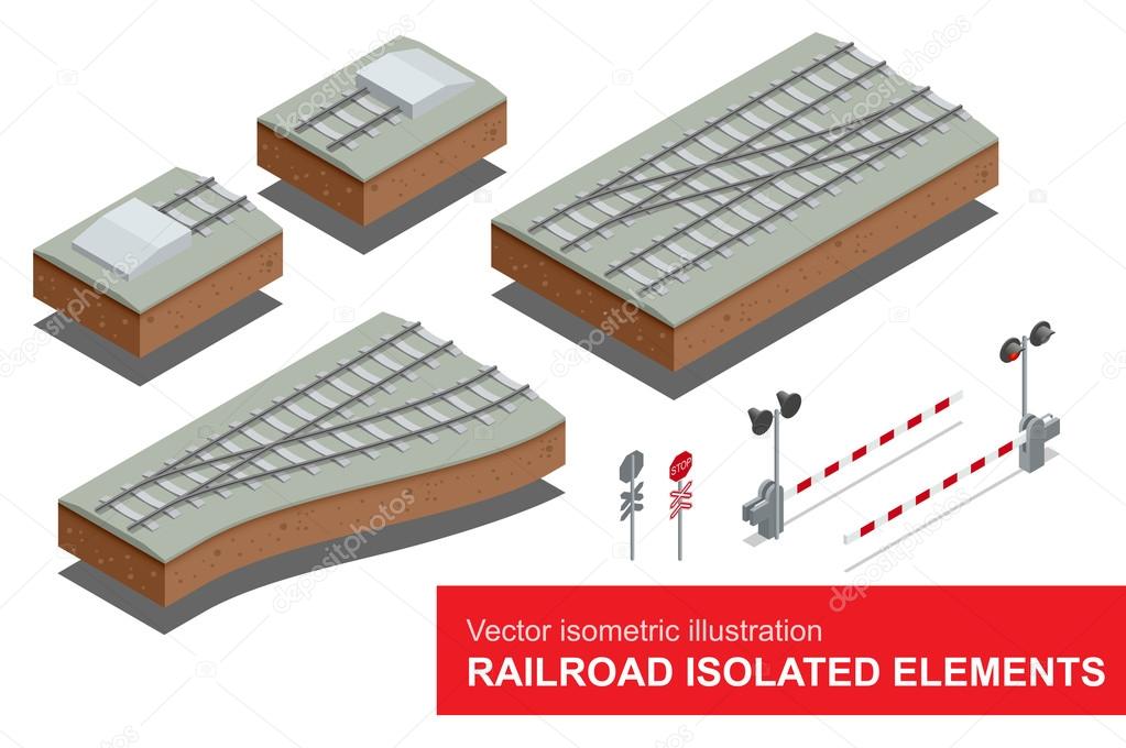 Railroad isolated elements for rail freight transportation. Vector flat 3d isometric illustration of  railroad signal, rail sections, traffic sign stop. Rail freight transportation.