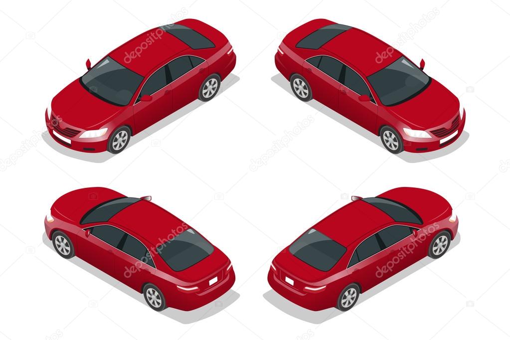 Red Sedan Car. Flat isometric high quality city transport icon set. Vector illustration.