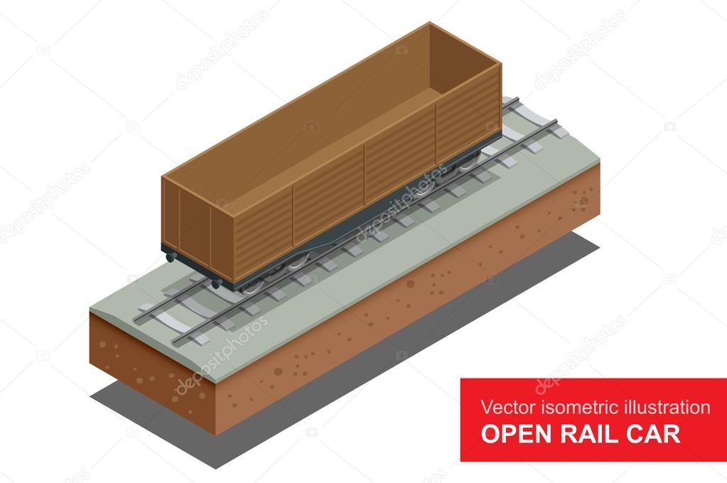 Open rail car for transportation of bulk cargoes. Rail covered wagon. Vector isometric illustration of  rail covered wagon. Rail freight transportation.