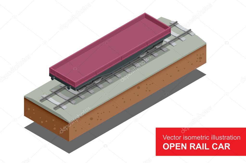Open rail car for transportation of bulk cargoes. Rail covered wagon. Vector isometric illustration of  rail covered wagon. Rail freight transportation.