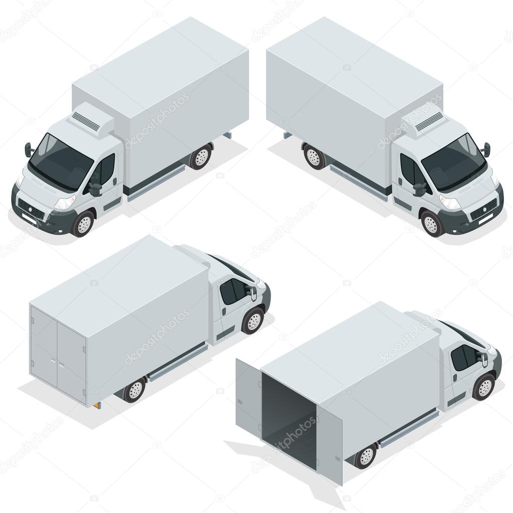 Set of icons truck for transportation cargo. Van for the carriage of cargo. Delivery car. Vector isometric illustration.