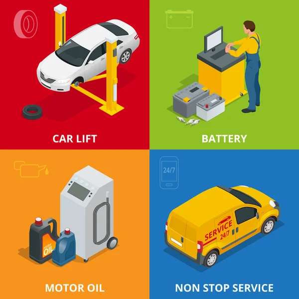 Concepto de reparación de automóviles. Servicio de neumáticos, medidor, servicio mecánico automático, reparación de automóviles de mantenimiento y trabajo conjunto plano 3d. Mecánico de reparación de automóviles ilustración isométrica — Archivo Imágenes Vectoriales