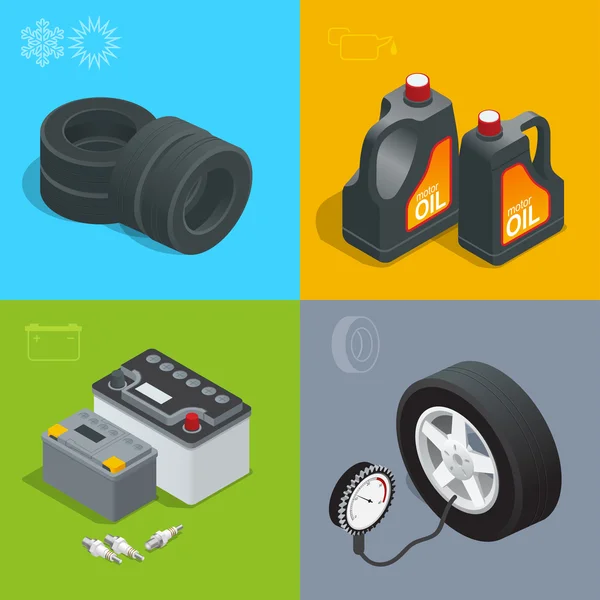 Tire service car auto, repair icons flat set isolated vector isometric illustration. Consumables for car. — Stock Vector