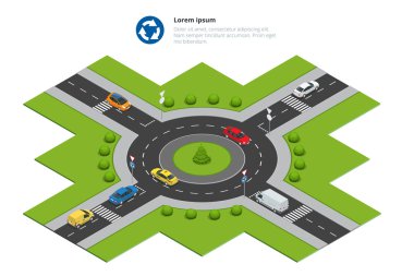 Roundabout, cars, roundabout sign and roundabout road. Asphalted Road Circle. Vector isometric illustration for infographics. City traffic. clipart