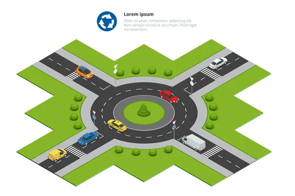 Rotonda, coches, señal de rotonda y carretera rotonda. Círculo de carretera asfixiado. Ilustración isométrica vectorial para infografías. Tráfico urbano . — Vector de stock