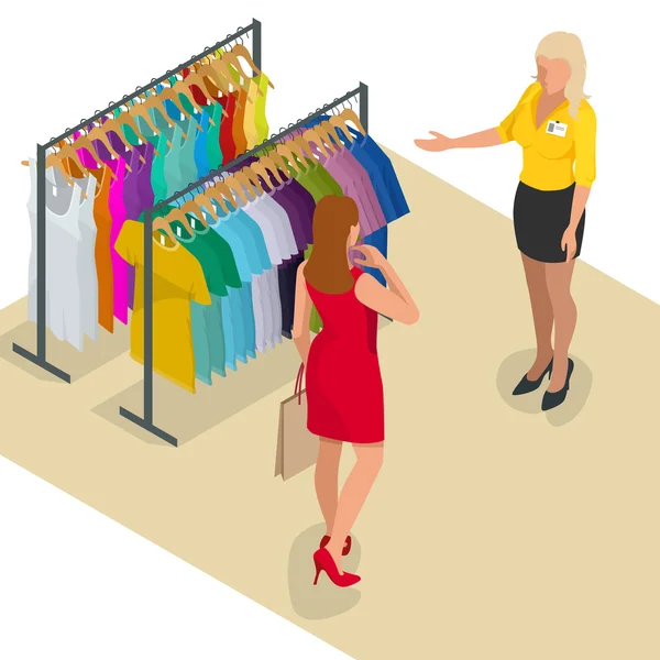 Linda morena fazendo compras na loja de roupas. Hora das compras. Uma mulher no check-out faz compras. Ilustração plana do vetor isométrico 3d para infográfico . —  Vetores de Stock