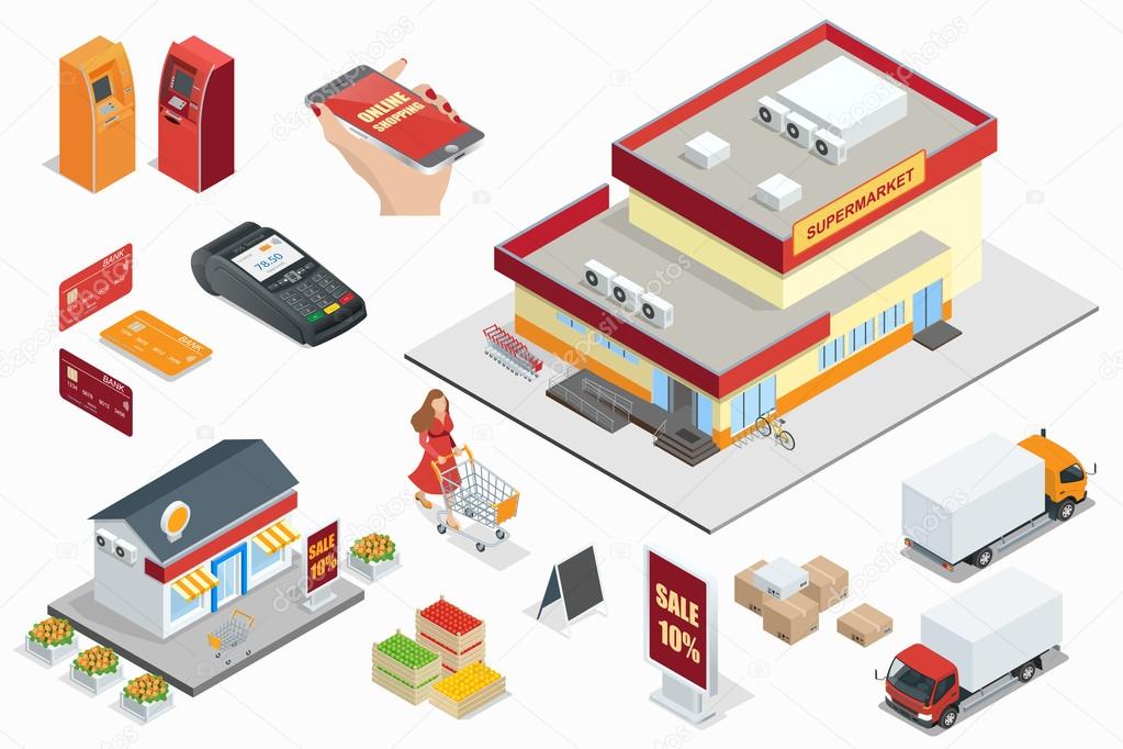 Supermarket exterior minimarket exterior Credit Cards ATM machines POS Terminal  online shoping cargo truck fruits and vegetables in wooden box light box Shopping cart Vector 3d isometric illustration