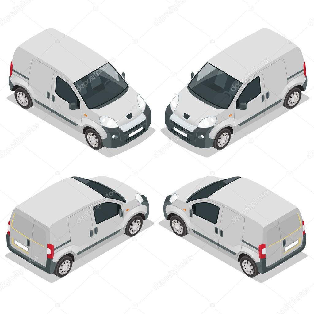 Set of icons small truck for transportation cargo. Van for the carriage of cargo. Delivery car. Vector 3d isometric illustration.